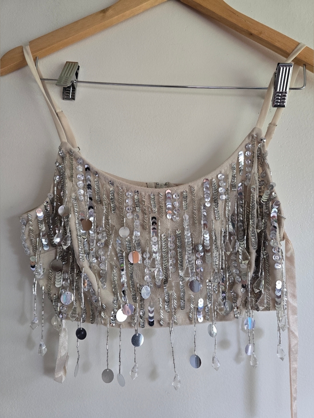 NWT! Mac Duggal, Sequin Fringe Cropped Camisole, Nude Silver, Size XS
